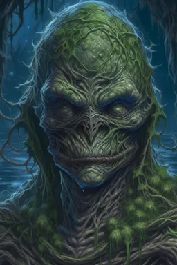 Swamp Thing, dark hooded character, ominous, facepaint, waist up portrait, intricate, oil on canvas, masterpiece, expert, insanely detailed, 4k resolution, retroanime style, cute big circular dark eyes, cinematic smooth, intricate detail , soft smooth lighting, soft pastel colors, painted Renaissance stylestyle