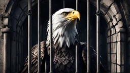 Fantasypunk, an eagle, sitting in a cell, looking through the bars, gothic style.