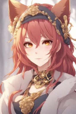 An anime adult female with red hair and gold eyes, fox ears