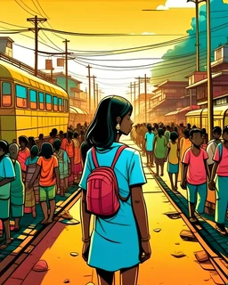 a normal day in mumbai with commuters crossing the streets in the landscape, focused on an indian girl who is feeling lost and looking down, cartoon style, thick lines, low detail, vivid color