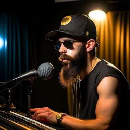 A short brown beard, DJ board,man with a baseball hat sing at microphone, on dancehall , microphones,, laser lights, FRONT VIEW