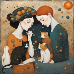 Random people and cats, random environment, random artistic style, random mixed techniques, random colours, random shapes, minimalist, creative, Precise figures, realistic textures, Klimt