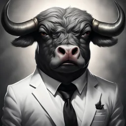 (2.5D:1.3), poster,intricate details,cartoon \(artwork\), ((masterpiece,best quality)), ((cinematic light)), bull,hybrid,hyperealistic, scary, dark fantasy \(style\), Dressed in a white shirt and black tie,