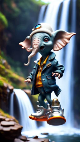 magazine cover, twisted rock star alien gremlin elephant rapperwith silver boots as a pimp on rocket rushing down heavens waterfall,bokeh like f/0.8, tilt-shift lens 8k, high detail, smooth render, down-light, unreal engine, prize winning