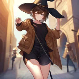 Clear focus, High resolution, short brown spiky hair, hair between eyes, eyes closed, wearing a brown detective hat, wearing a brown jacket and a black shirt, wearing black shorts, 1girl, pulling hat down, smiling