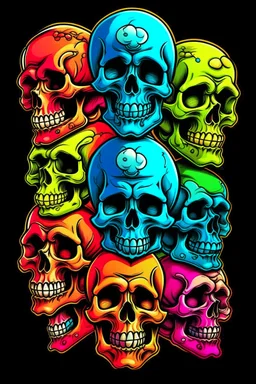 a stack of nearly anatomically correct cartoonish skulls, vivid colors, dark comedy, well lit, high detail,