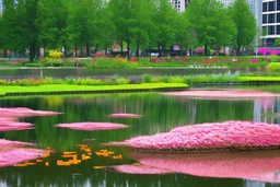 Modern city, people, pond, flowers