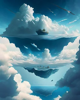 An inverted world where the sky is a vast ocean and ships navigate through the clouds