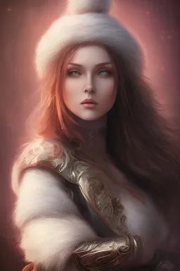 portrait lady warrior with long black hairs and Christmas hat