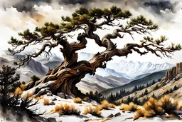 museum quality ink wash and watercolor painting of an ancient, gnarled and twisted, Bristlecone Pine, a Golden Eagle perched in its branches, on a remote plateau in the Rocky Mountains in the style of Karl Bodmer, and Winslow Homer, rendered as an aquatint, with a fine art aesthetic, highly detailed , 8k UHD cinegraphic realism