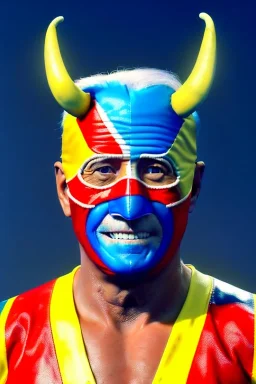 realistic image of joe biden as a mexican wrestling fighter posing, Mexican eyes wrestling mask, red and blue breeches, retro style, 80s, vibrant color, highly detailed, sky background, concept art, unreal engine 5, god rays, ray tracing, RTX, lumen lighting, ultra detail, volumetric lighting, 3d, finely drawn, high definition, high resolution.