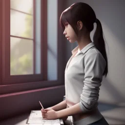 female student studying by the window, anime style, full body, cool face, unreal engine 5, cinema4d, sun light, studio lighting --ar 1:1 --v 4