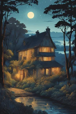 museum quality color woodcut landscape of a fanciful 1920's ramshackle French country cottage nestled on the banks of the Dordogne River, on a foggy moonlit night, in the style of Gustave Baumann, with a fine art aesthetic, highly detailed, finely cut ,8k render, soft early summer colors