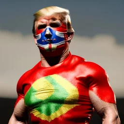 Realistic image of Donald trump wrestler, Mexican wrestling style, Mexican wrestling mask eyes, red and blue breeches, glow us flag dress, suspenders, retro style, 80s, vibrant color, highly detailed, sky background, concept art, unreal engine 5, god rays, ray tracing, RTX, lumen lighting, ultra detail, volumetric lighting, 3d, finely drawn, high definition, high resolution.