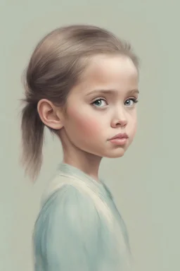 Illustration of Angelina Jolie as a toddler,, pony tail, at.the zoo,, style of Marcel Marlier, pastel colors