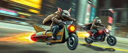 hi speed rocket ship on leaning scooter in a swing, coated rat gremlin captain in high speed pursuit among neon spy vs spy rat cyber soldiers, with background motion blur, airbrush and pen outline, in the style of Fallout 4 and Cyberpunk and GTA5
