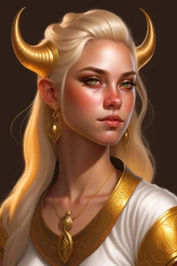 a young tiefling woman with white blonde hair and gold jewelry