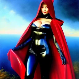 fullbody portrait 'beautiful sexy busty mature Red Riding Hood',wearing black skintight latex suit,hyperrealistic skin,Hyperrealistic Big eyes,painting by gaston bussiere, greg rutkowski, yoji shinkawa, yoshitaka amano, tsutomu nihei, donato giancola, tim hildebrandt, oil on canvas, cinematic composition,sharp image, extreme detail,((fit full head inside picture)),32k