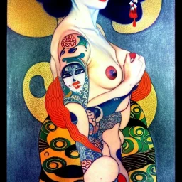 dibujo al oleo de cuerpo entero de una Geisha bella con tatuajes maorís estilo Gustav Klimt