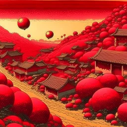A dark reddish magenta oriental village with fiery orbs painted by Katsushika Hokusai