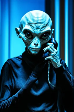 grey alien talking on the phone