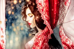 A beautiful brunette woman looks out from behind a red lace and silk curtain, holds the curtain with one hand and pulls it away in sunshine, watercolor and black ink outlines, sparkling golden glitter, ethereal, cinematic postprocessing, bokeh, dof