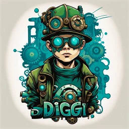 Vector t shirt art ready to print green blue graffiti illustration of a steampunk boy and a basecap with text "Digi".On cap, white background.