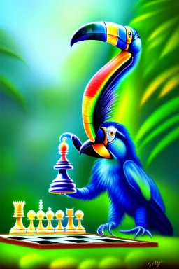 blue spiderplaying chess with a toucan, neo-impressionism, trending on artstation, jungle setting, pastel colors,