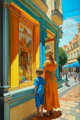 Neoclassicism mother and child looking at a shopwindow distend zoom out realistic cote d'azur colorfull