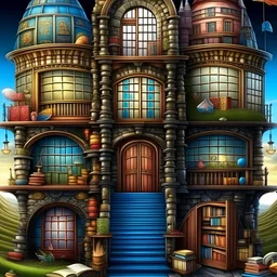 a picture of a house made out of books, a storybook illustration by Jacek Yerka, shutterstock contest winner, magical realism, storybook illustration, matte painting, whimsical