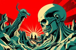 propaganda poster in the style of Rembrandt, Escher and Giger