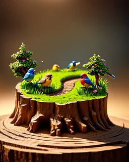 🛠️ Tool: ChatGPT 👉 Prompt used: "Ultra-realistic surreal macro scene of a broken tree stump placed on a wooden surface, its hollow interior transformed into a vivid miniature landscape featuring a winding dirt path leading through lush green grass, small flowering plants, and delicate trees under a soft glowing sky; two colorful birds—one blue and yellow, one red and brown—perch on either side of the path, adding life and contrast; above the scene, a large sharpened wooden pencil hovers diagon