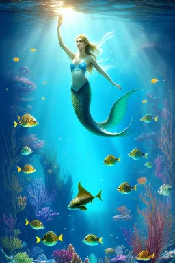 underwater scene, a mermaid, beautiful colors, fish, very fine detail, high quality, mystical, romanticism, intricate, Neo-Impressionism, soft lighting, dream like,