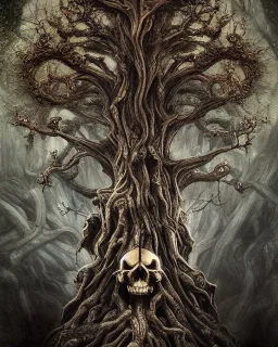 A beautiful highly detailed ancient tree with ornate intricate demon skulls grown into it, sticking out in random places, some screaming, some with glowing eyes, horrorcore made of shiny obsidian glass :: reflective, glassy :: subtractive lighting, backlit :: by John William Waterhouse, Greg Rutkowski, HR Giger :: hyperrealistic, hyper detailed, photorealistic :: epic, incredible composition, amazing depth, meticulously composed, 16k resolution concept art :: fantasy magazine cover art