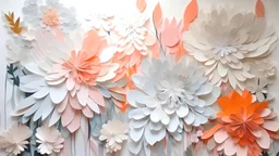 고요하고 부드러운 느낌을 불러일으키는 라이트 핑크에서 흰색으로 그라데이션이 바뀌는 추상적이고 세련된 꽃, 아크릴 물감과 섬세한 종이 컷아웃을 사용하여 캔버스에 혼합 매체를 사용한 예술 작품
