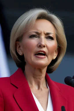 A preety woman in her early 50s having a presidential speech in front of a huge building