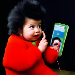 Che Guevara as a baby muppet kawaii calling phone using a cellphone nokia, studio photo. Magazine 1980