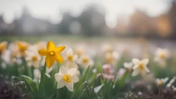 Spring flowers, Saffron in the foreground and a daffodil in the background with beautiful bokeh made with a vintage Konica Hexanon 50mm F1.7 lens