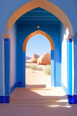 An open gothic_arab doorway in a tiled blue wall with a view of a desert landscape