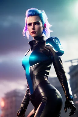 Futuristic fantasy character, portrait from waist up, physically fit, latex and leather attire, blue eyes, pastel hair, intricate eyeliner, vibrant eyeshadow, clear completion, soft lighting, 4k resolution, intricate details, insanely detailed, colorful cityscape background, masterpiece, expert, cinematic smooth, retroanime style, realistic details, no helmet