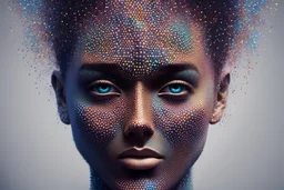 face made of dots, pointillism, dotted multicolored shapes, symmetrical, digital art, hologram, virtual reality, digitized structure, ultra detailed, 3d render, trending on CG company,