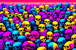 a field of 1000s of cartoonish, anatomically correct, skulls, vivid RANDOM BRIGHT neon colors, dark comedy, well lit, high detail, photorealistic, horrorcore, fun, scary, none featured, each a different color or hue,