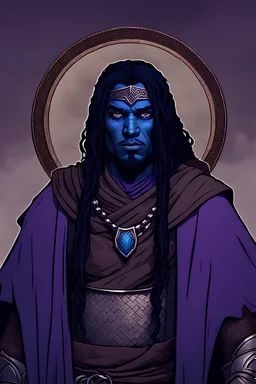 A dark-skinned rugged desert warrior with a blue face tattoo from his for head to his left collar bone and thick long black hair, wearing chainmail and purple robes.