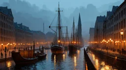 City and busy harbour with shipping moored, night, no moon, gas lamps, 1860, style John Atkinson Grimshaw, Ultra Realism, Complex Details, Intricate Details, 16k, HDR, High Quality, Trending On Artstation, Sharp Focus, Studio Photo, Intricate Details, Highly Detailed