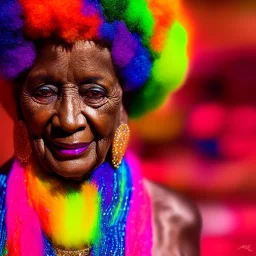 masterpiece, best quality, old woman, dark skinned, sparkling eyes, fluorescent skin, colorful makeup, afro, head shot, highly detailed body, sun light, 4K, RAW, depth of field, high contrast, realistic details, 24mm