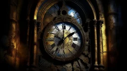 The clock of an abandoned church tower shows its hands forever stopped at 11:43, with the inner gear mechanism visible through the broken face, under a frozen time atmosphere with moonlight entering through stained glass windows; texture combines patinated bronze, dust accumulated on gears, and eroded limestone, in a sacred ruin realism style, with a chromatic palette of faded golds, night blues, and slate grays, in a close-up composition of the mechanism with the tower blurred in the background