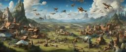 many flock of magnificent sky-beasts fly in the far distant sky. A busy outdoor surrealist market in the foreground of a beautiful surreal outdoor countryside summer scene, with hills & fields, intricate dwellings, many pathways & stairways, streams, waterfalls, & a waterwheel : in the style of Salvador Dali & Hieronymus Bosch, very high detail, photorealistic, epic cinematic, 8K, Large depth of field