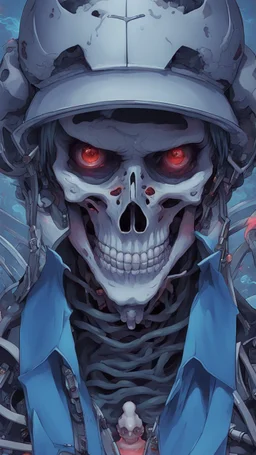 a close up of a person with a skull on their head, blue and black colors, anime skull portrait man, scary detailed art in color, hiroyuki-mitsume takahashi, nychos art aesthetic, half man half skeleton, anime cyberpunk art, colored manga art, rossdraws pastel vibrant, hot colors. insanely detailed, beautiful anime portrait, stunning anime face portrait, scary art in color