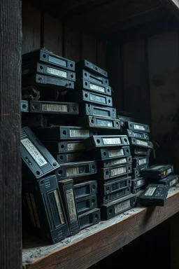 "A very old paints cracked dirty abandoned pile of very old VCR tapes as junk on a dusty old wooden shelf ,insanely detailed octane render trending on artstation, 8k artistic photography, photorealistic concept art, soft natural volumetric cinematic perfect light, chiaroscuro, award-winning photograph, masterpiece, oil on canvas, Raphael, Caravaggio, Greg Rutkowski, people, beksinski, Giger