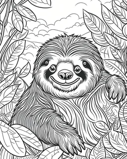 create a 2d black outline, "safari smiling cartoon sloth coloring book for adults", coloring page, low details design, black contour, coloring page design, simple background, colorful , card style, coloring page for adults, white background, sketch style, safari landscape, cartoon style